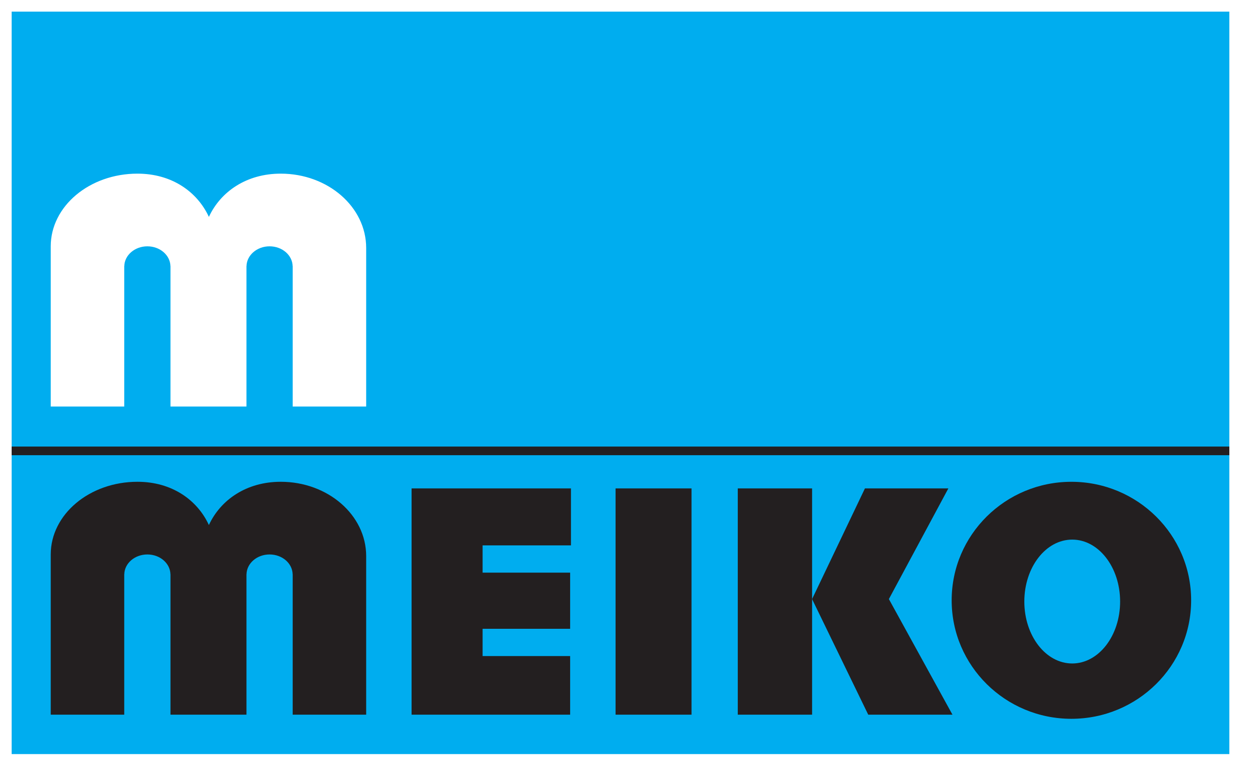 Meiko logo met blauwe achtergrond en witte 'm'